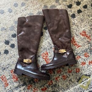 Bamboo Heeled Brown Calf Tall Boots Faux Fur Lined size 6.5